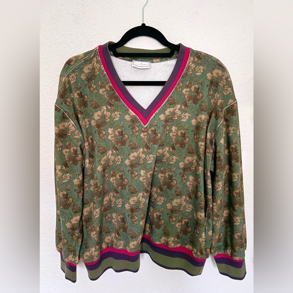 Pierre Louis Mascia French Terry Floral V Neck Sweater Sweatshirt Boho Hippie L
